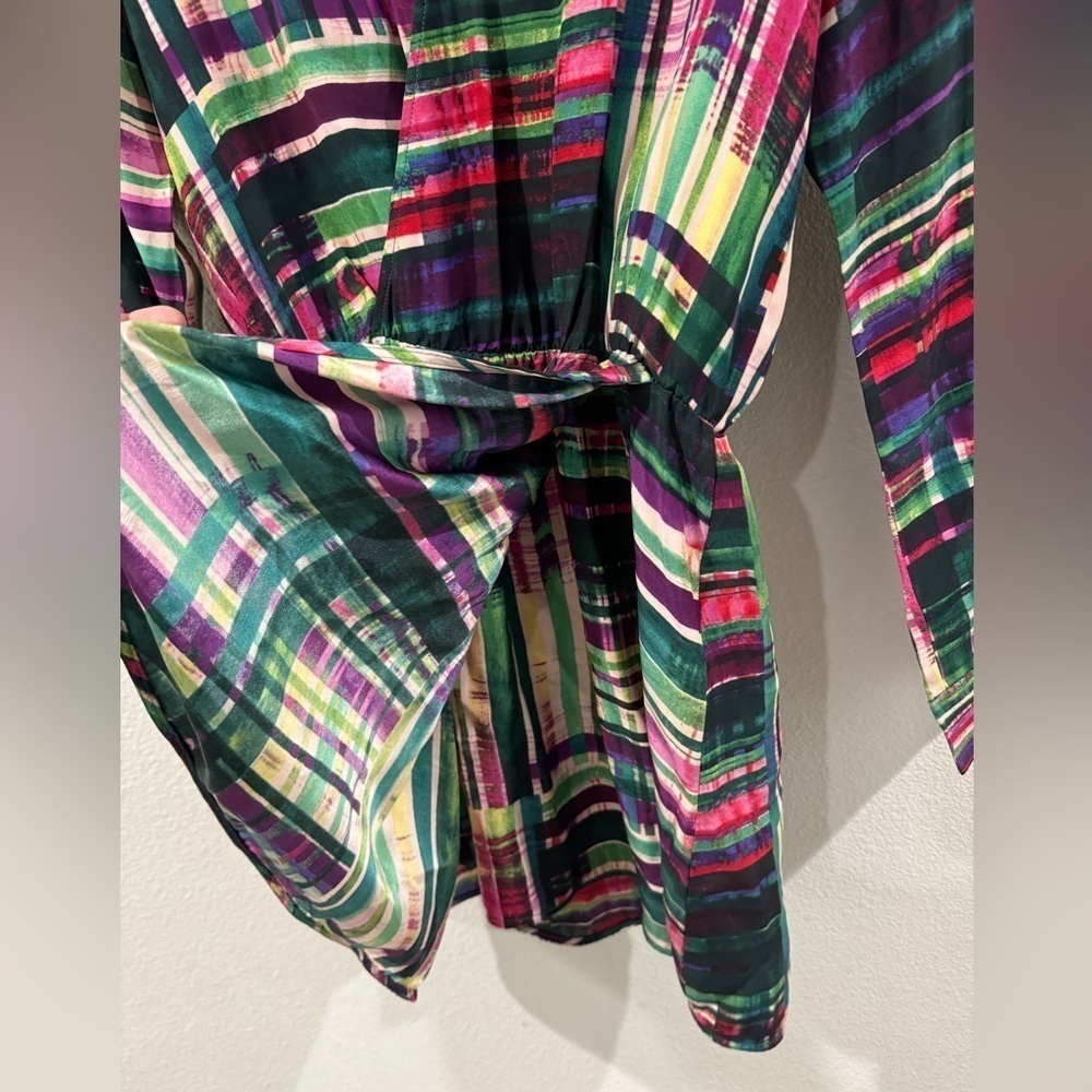 Parker 100% Silk Faux Wrap Surplice Neckline Long Sleeve Mini Colorful Dress S - Picture 7 of 14
